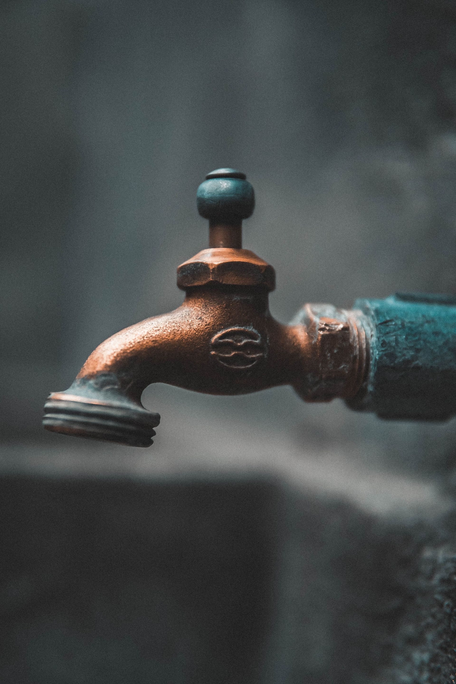 Detailed close-up of a rustic metal faucet outdoors with soft focus background.